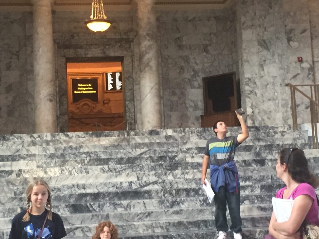 Aiden taking photos of the amazing interior of the Washington State Capitol in Olympia