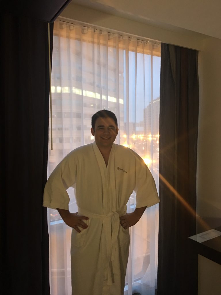 The teenybopper enjoying the luxe robes at Kimpton Donovan Hotel